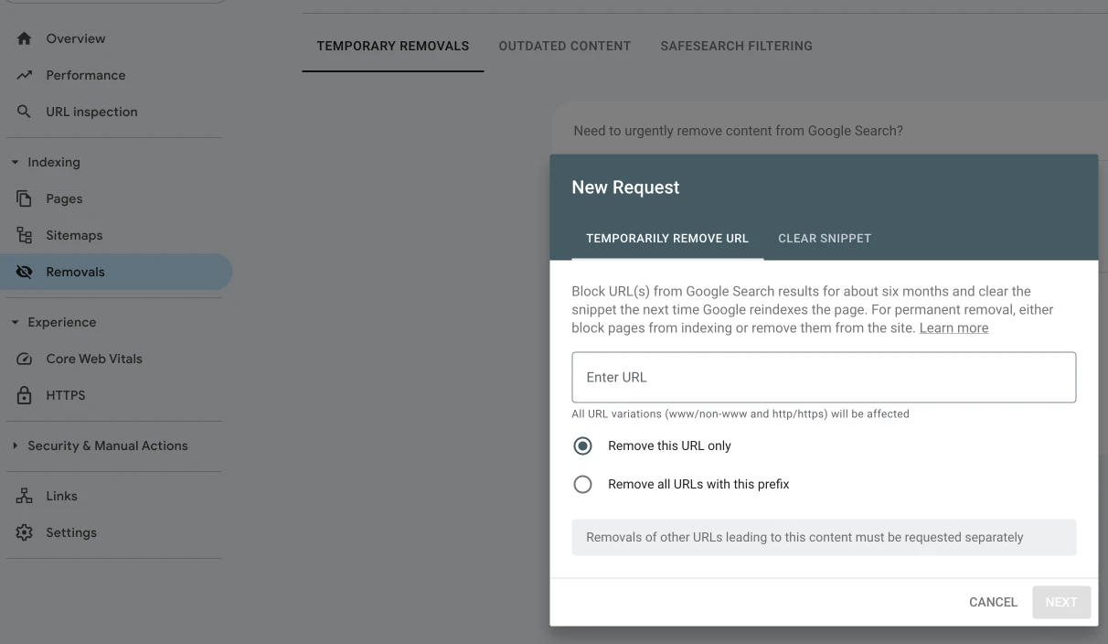 Hapus index via Google Search Console Removal