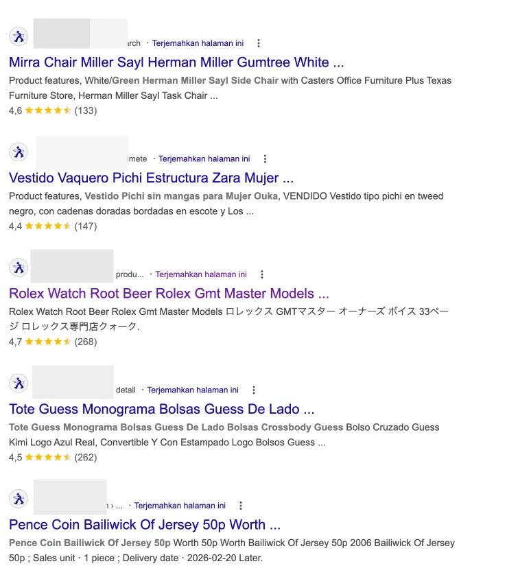 Contoh index Google yang berubah karena spam malware