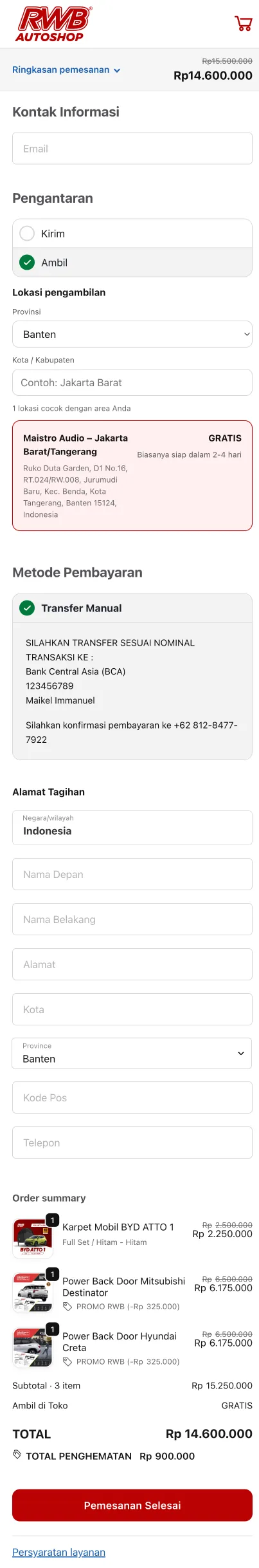 Checkout WooCommerce mobile setelah redesign ala Shopify