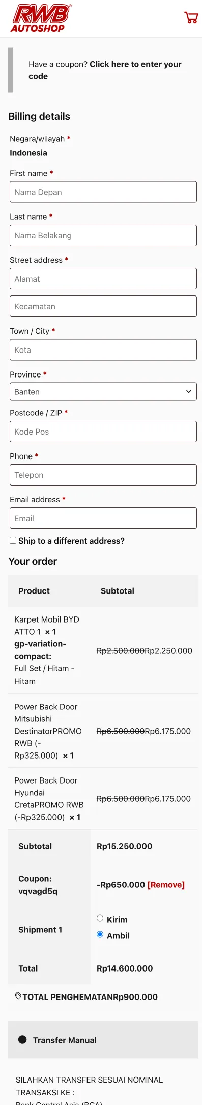 Checkout WooCommerce mobile sebelum optimasi