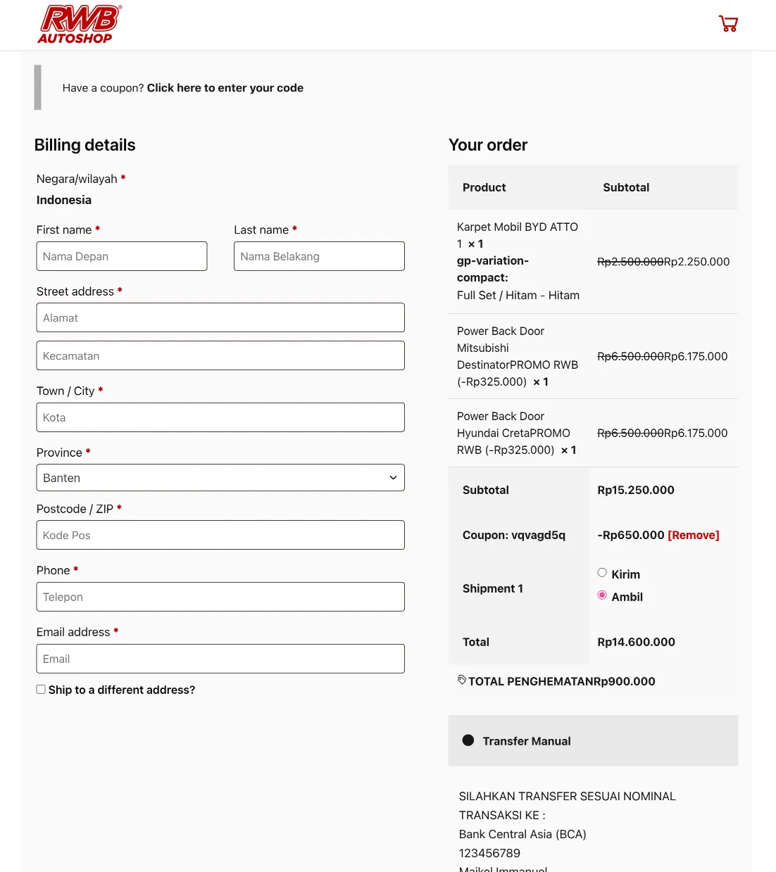 Checkout WooCommerce sebelum optimasi (desktop) Checkout WooCommerce sebelum optimasi (desktop)
