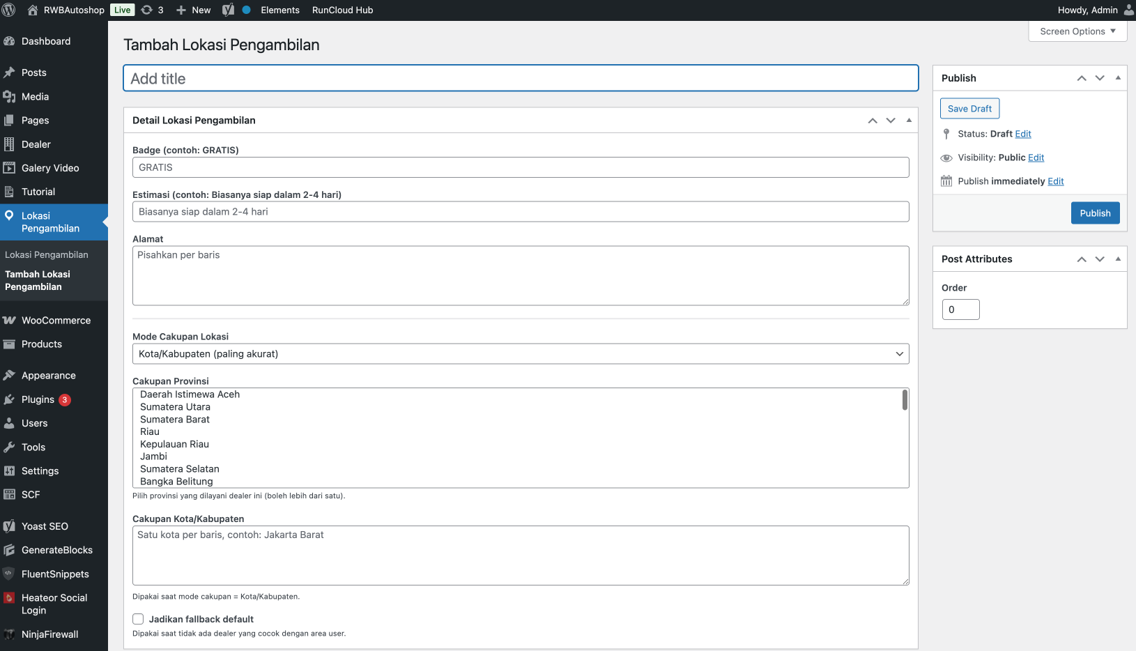 CPT Lokasi Pengambilan untuk mengatur local pickup per area Manajemen CPT Lokasi Pengambilan