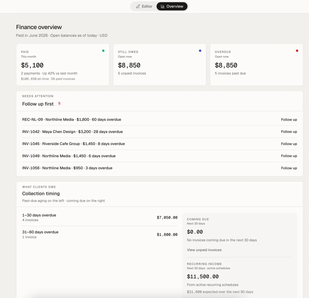 NeatInvoice Overview — finance pulse dan needs attention NeatInvoice finance overview