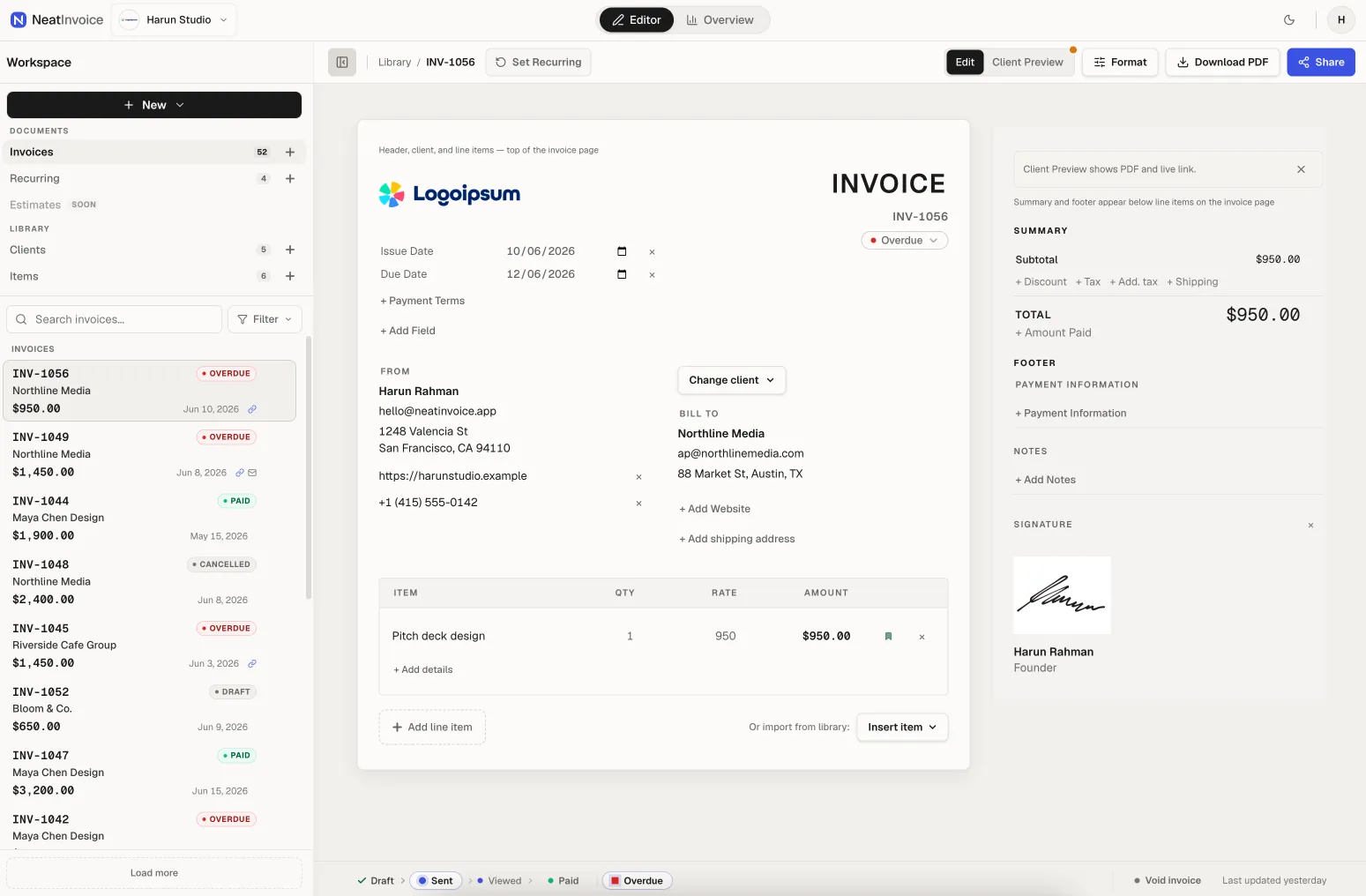 NeatInvoice workspace — Editor dengan split edit dan inspector NeatInvoice workspace editor