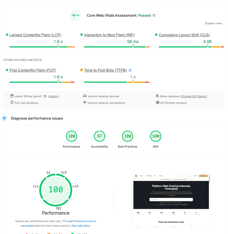 Hasil PageSpeed Insights Penasihat Hosting setelah migrasi